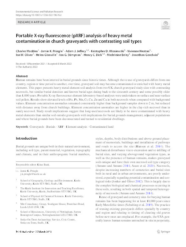 Portable X-Ray Fluorescence (pXRF) Analysis of Heavy Metal Contamination in Graveyards with Contrasting Soil Types Thumbnail
