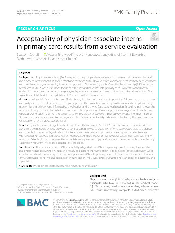 Acceptability of physician associate interns in primary care: results from a service evaluation. Thumbnail