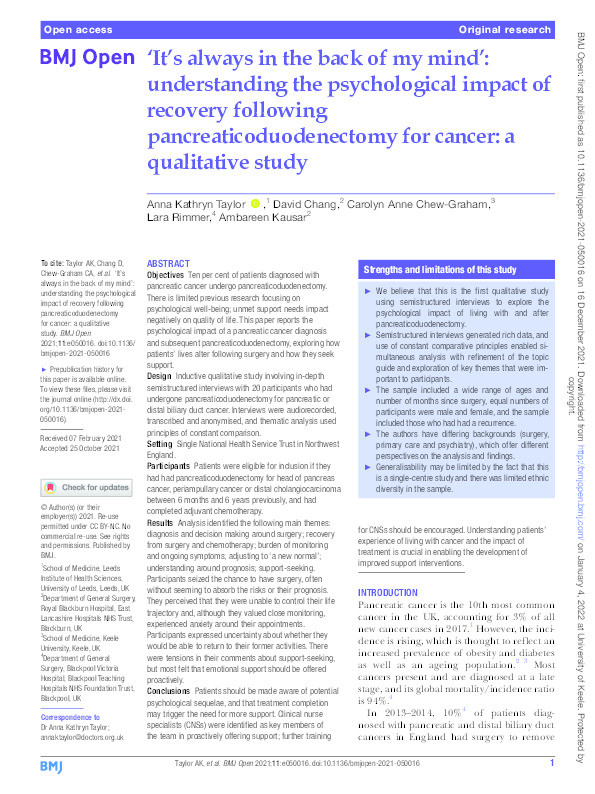 'It's always in the back of my mind': understanding the psychological impact of recovery following pancreaticoduodenectomy for cancer: a qualitative study. Thumbnail