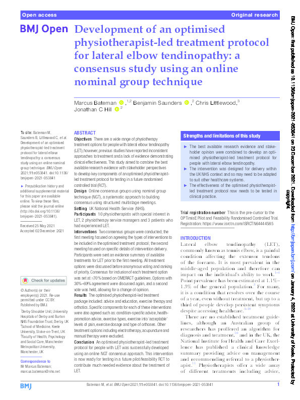 Development of an optimised physiotherapist-led treatment protocol for lateral elbow tendinopathy: a consensus study using an online nominal group technique Thumbnail