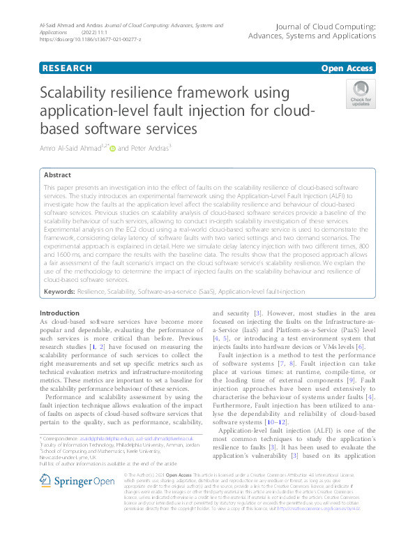 Scalability resilience framework using application-level fault injection for cloud-based software services Thumbnail