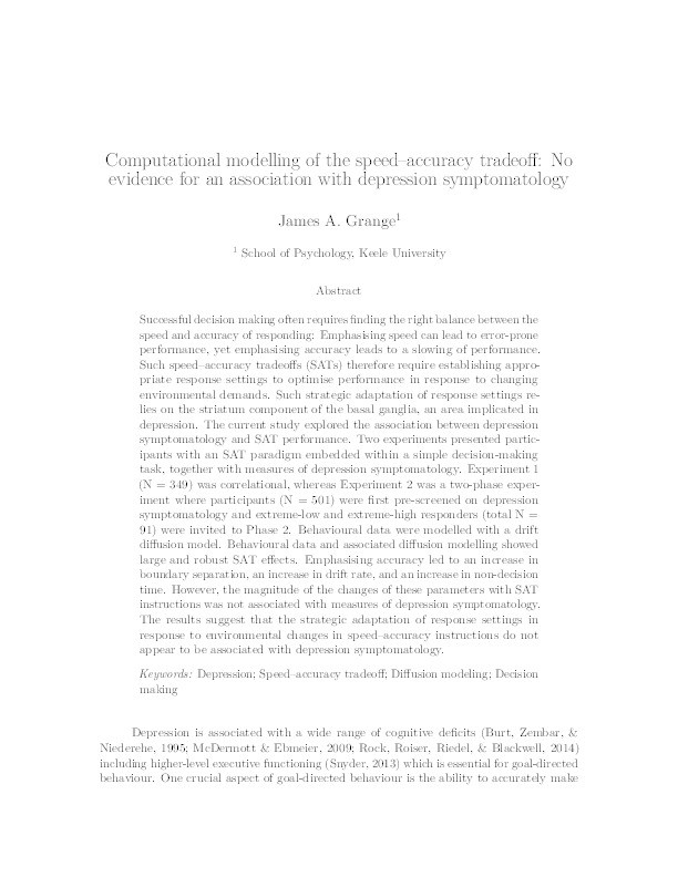 Computational modelling of the speed–accuracy tradeoff: No evidence for an association with depression symptomatology Thumbnail