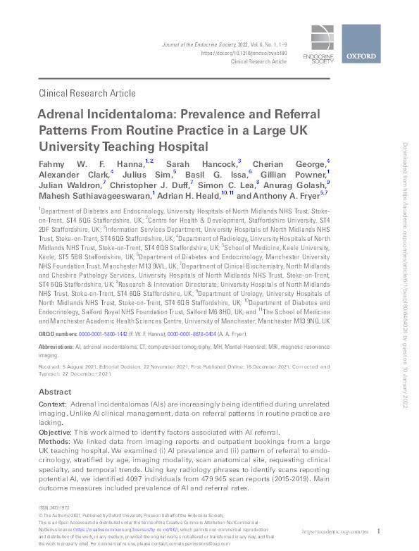 Adrenal Incidentaloma: Prevalence and Referral Patterns From Routine Practice in a Large UK University Teaching Hospital Thumbnail