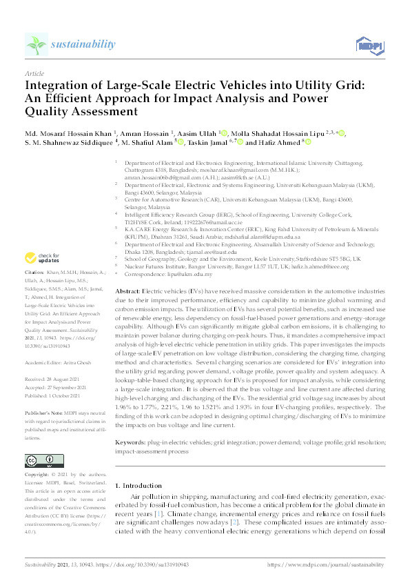 Integration of Large-Scale Electric Vehicles into Utility Grid: An Efficient Approach for Impact Analysis and Power Quality Assessment Thumbnail