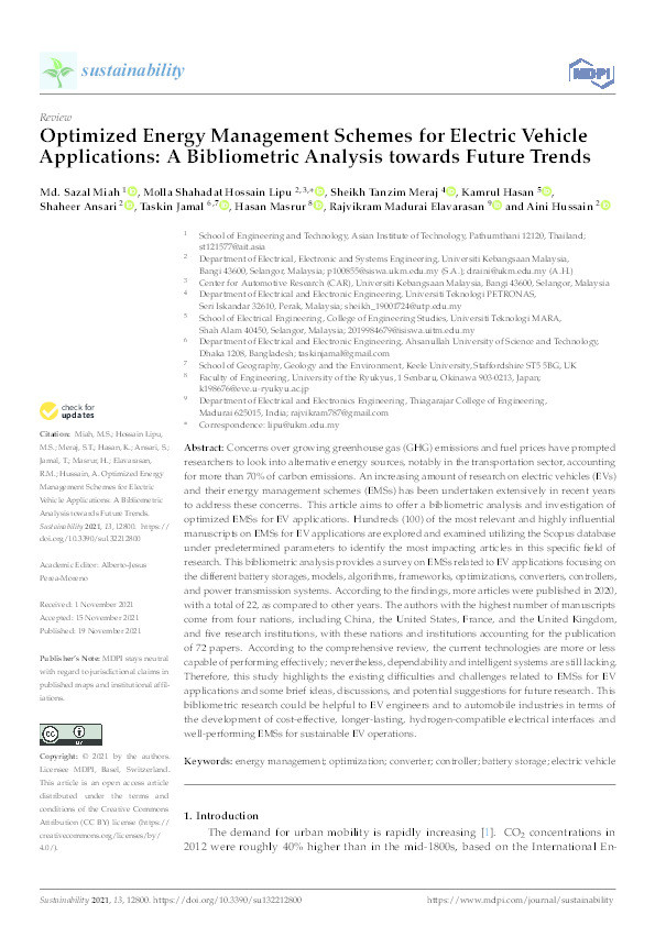 Optimized Energy Management Schemes for Electric Vehicle Applications: A Bibliometric Analysis towards Future Trends Thumbnail
