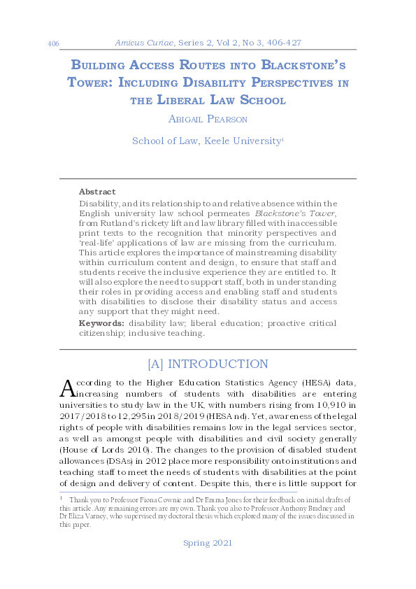 Building Access Routes into Blackstone’s Tower Including Disability Perspectives in the Liberal Law School Thumbnail