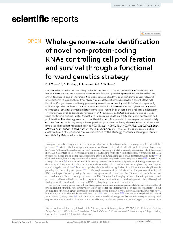 Whole-genome-scale identification of novel non-protein-coding RNAs controlling cell proliferation and survival through a functional forward genetics strategy Thumbnail
