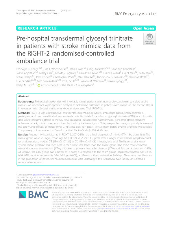 Pre-hospital transdermal glyceryl trinitrate in patients with stroke mimics: data from the RIGHT-2 randomised-controlled ambulance trial Thumbnail