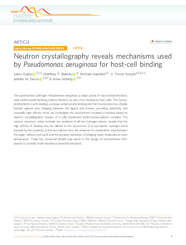 Neutron crystallography reveals mechanisms used by Pseudomonas aeruginosa for host-cell binding Thumbnail