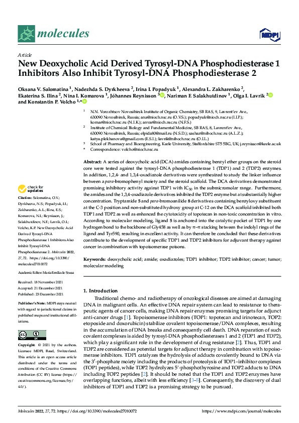New Deoxycholic Acid Derived Tyrosyl-DNA Phosphodiesterase 1 Inhibitors Also Inhibit Tyrosyl-DNA Phosphodiesterase 2. Thumbnail