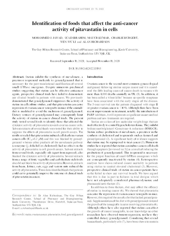 Identification of foods that affect the anti-cancer activity of pitavastatin in cells Thumbnail