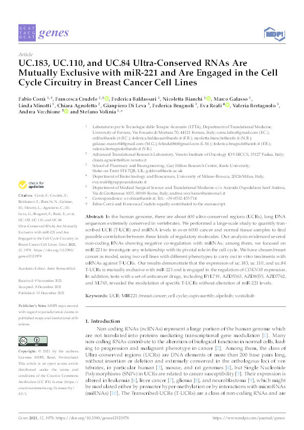 UC.183, UC.110, and UC.84 Ultra-Conserved RNAs Are Mutually Exclusive with miR-221 and Are Engaged in the Cell Cycle Circuitry in Breast Cancer Cell Lines. Thumbnail