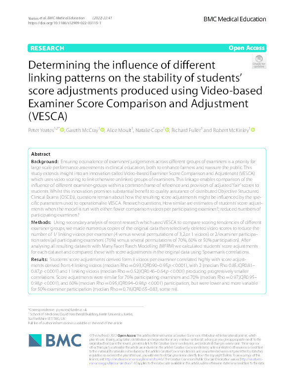 Determining the influence of different linking patterns on the stability of students' score adjustments produced using Video-based Examiner Score Comparison and Adjustment (VESCA). Thumbnail