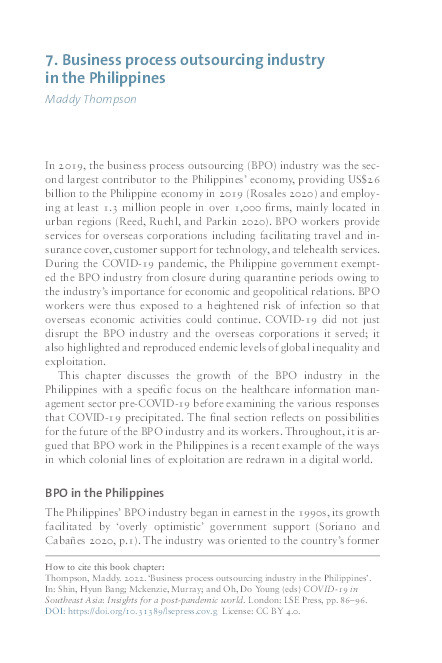 The Philippines’ Business Process Outsourcing Industry through COVID-19 Thumbnail