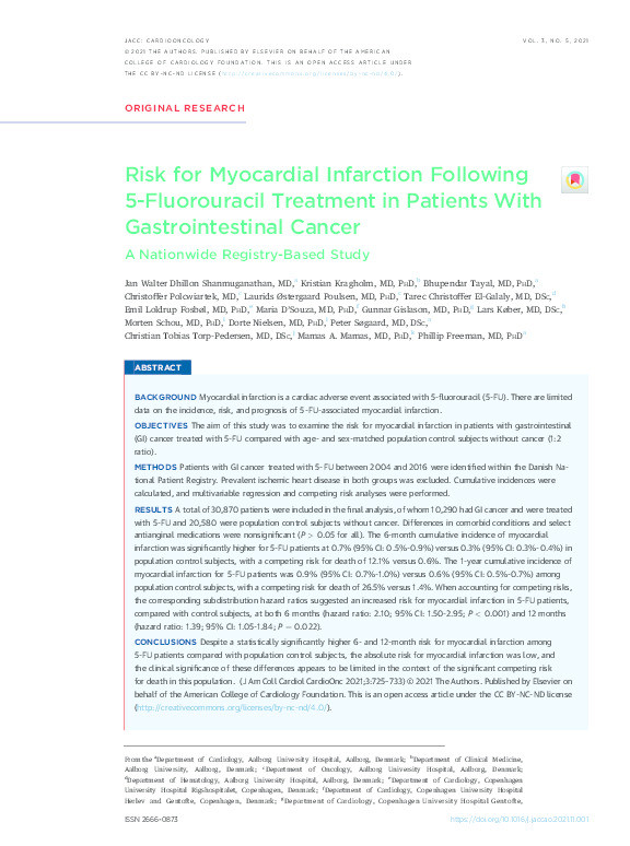 Risk for Myocardial Infarction Following 5-Fluorouracil Treatment in Patients With Gastrointestinal Cancer: A Nationwide Registry-Based Study. Thumbnail
