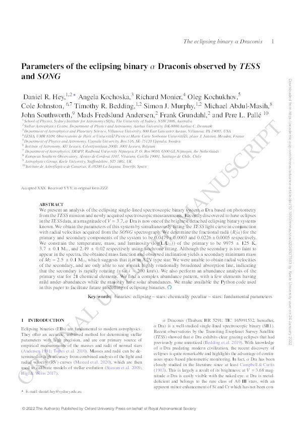 Parameters of the eclipsing binary a Draconis observed by TESS and SONG Thumbnail