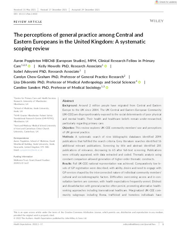 The perceptions of general practice among Central and Eastern Europeans in the United Kingdom: A systematic scoping review Thumbnail
