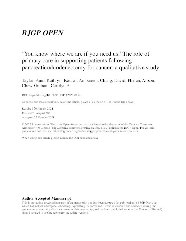 'You know where we are if you need us.' The role of primary care in supporting patients following pancreaticoduodenectomy for cancer: a qualitative study. Thumbnail