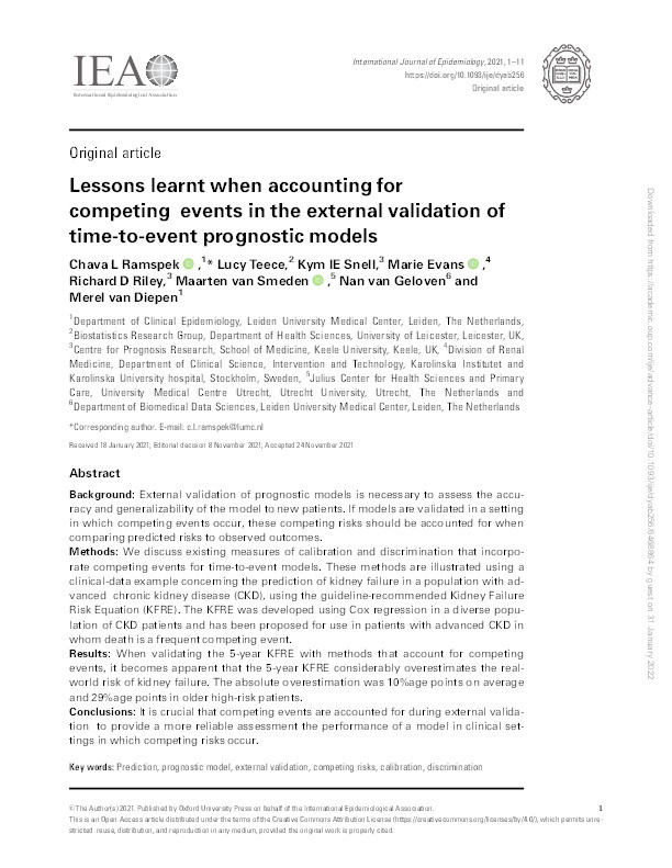Lessons learnt when accounting for competing events in the external validation of time-to-event prognostic models. Thumbnail