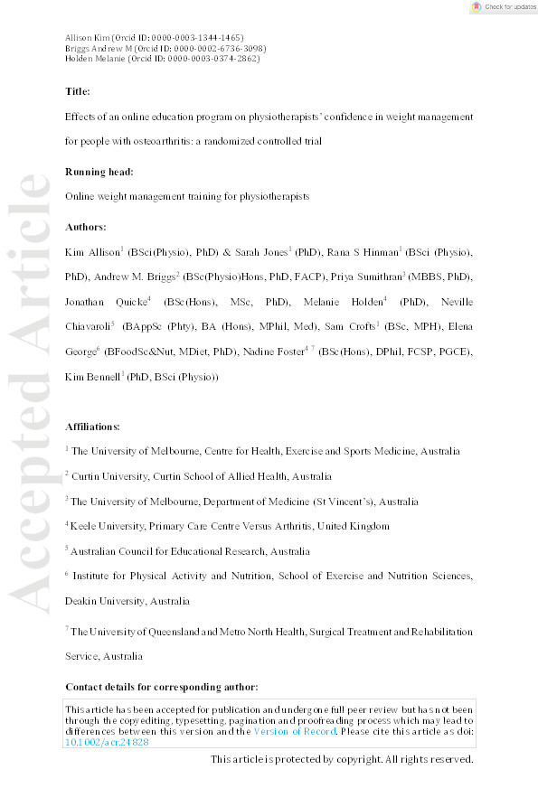 Effects of an Online Education Program on Physical Therapists' Confidence in Weight Management for People With Osteoarthritis: A Randomized Controlled Trial Thumbnail