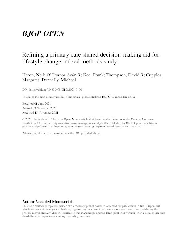 Refining a primary care shared decision-making aid for lifestyle change: mixed methods study. Thumbnail