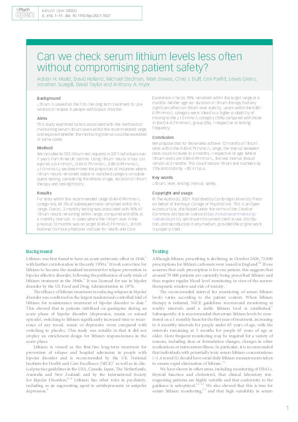 Can we check serum lithium levels less often without compromising patient safety? Thumbnail