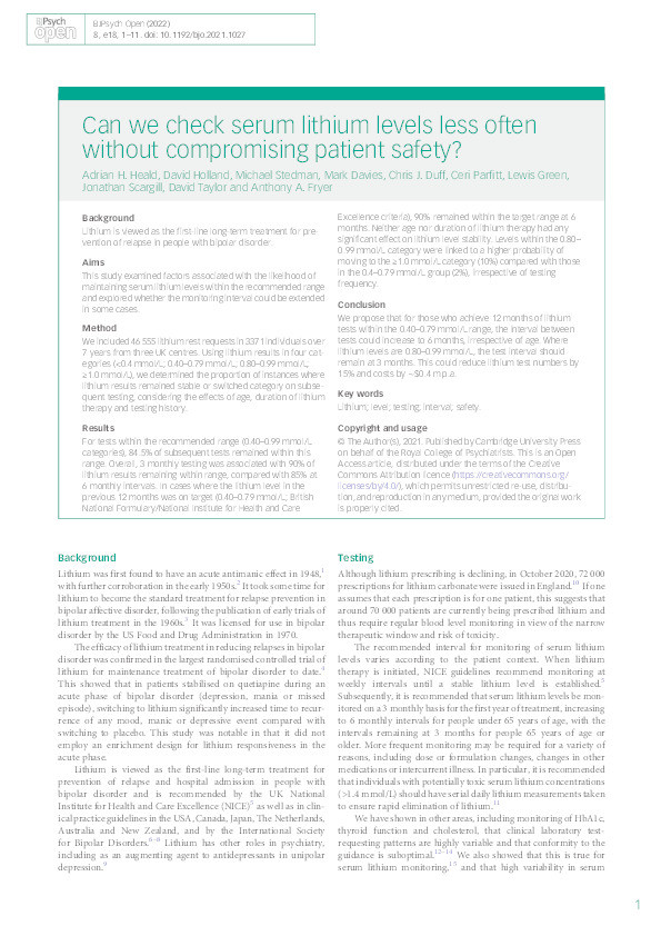 Can we check serum lithium levels less often without compromising patient safety? Thumbnail