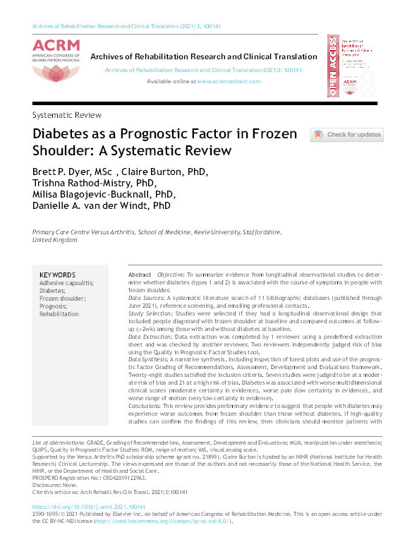 Diabetes as a Prognostic Factor in Frozen Shoulder: A Systematic Review. Thumbnail