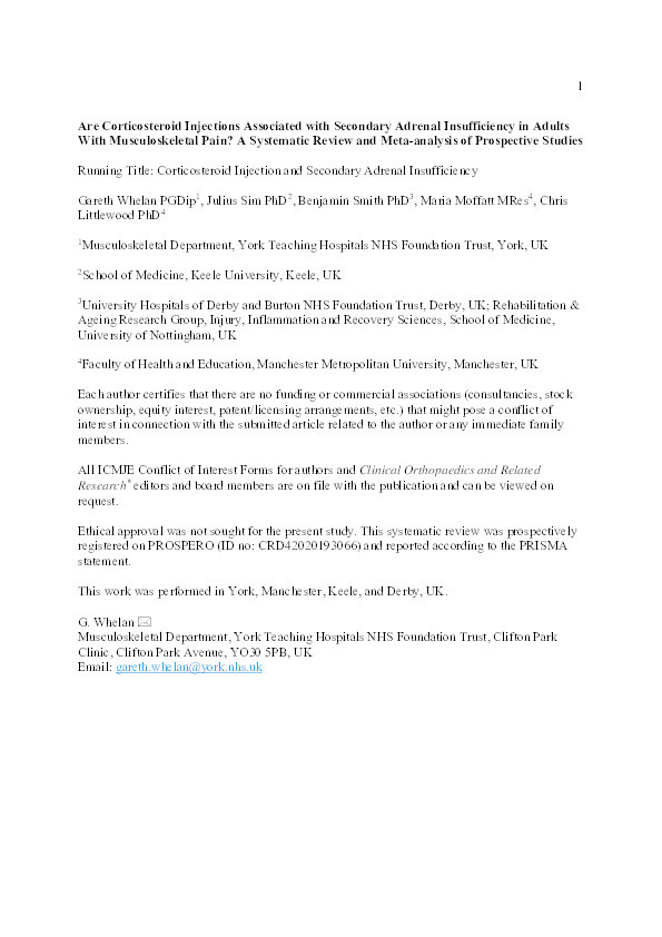 Are Corticosteroid Injections Associated With Secondary Adrenal Insufficiency in Adults With Musculoskeletal Pain? A Systematic Review and Meta-analysis of Prospective Studies Thumbnail