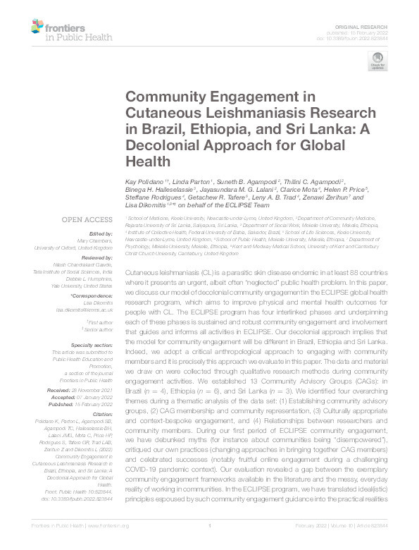 Community engagement in cutaneous leishmaniasis research in Brazil, Ethiopia, and Sri Lanka: a decolonial approach for global health Thumbnail
