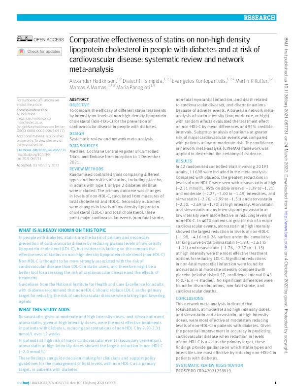 Comparative Effectiveness of Statins on Non-HDL Cholesterol by Type and Intensity in People with Diabetes and at Risk of Cardiovascular Disease: Systematic Review and Network Meta-Analysis Thumbnail
