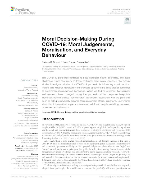 Moral Decision-Making During COVID-19: Moral Judgements, Moralisation, and Everyday Behaviour Thumbnail