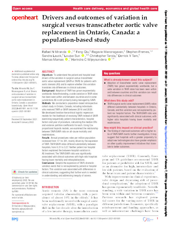 Drivers and outcomes of variation in surgical versus transcatheter aortic valve replacement in Ontario, Canada: a population-based study. Thumbnail