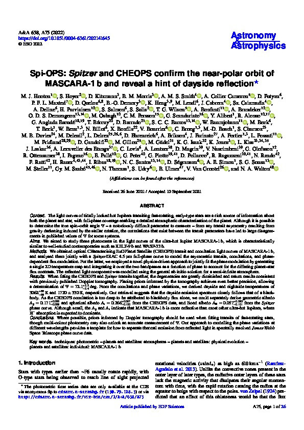 Spi-OPS: Spitzer and CHEOPS confirm the near-polar orbit of MASCARA-1 b and reveal a hint of dayside reflection Thumbnail