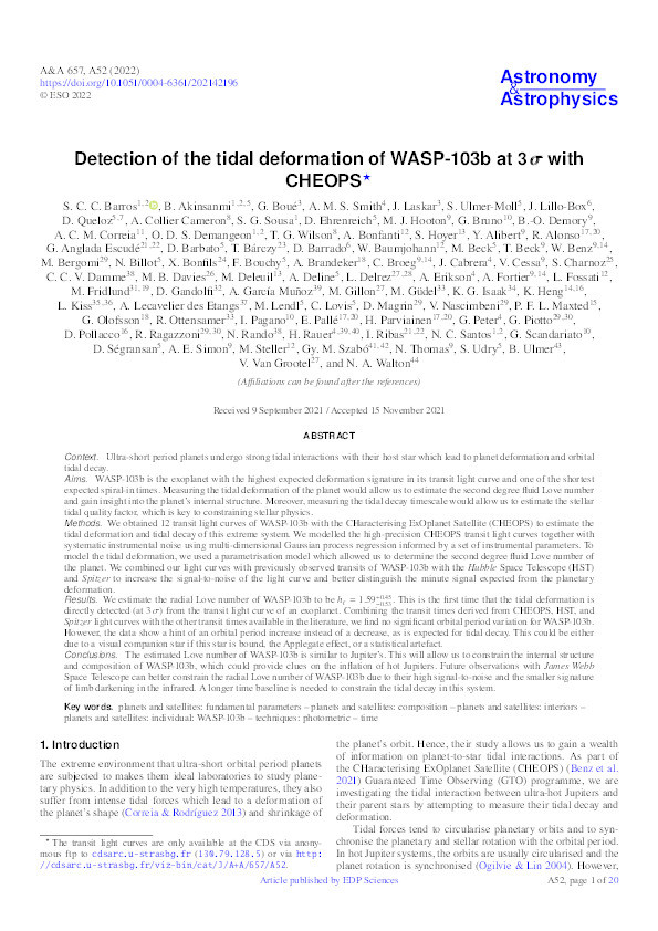 Detection of the tidal deformation of WASP-103b at 3 s with CHEOPS Thumbnail
