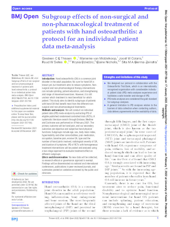 Subgroup effects of non-surgical and non-pharmacological treatment of patients with hand osteoarthritis: a protocol for an individual patient data meta-analysis. Thumbnail
