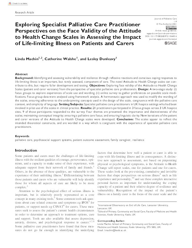 Exploring Specialist Palliative Care Practitioner Perspectives on the Face Validity of the Attitude to Health Change Scales in Assessing the Impact of Life-limiting Illness on Patients and Carers. Thumbnail