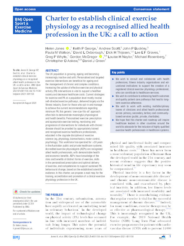 Charter to establish clinical exercise physiology as a recognised allied health profession in the UK: a call to action. Thumbnail