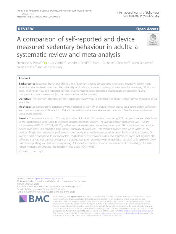 A comparison of self-reported and device measured sedentary behaviour in adults: a systematic review and meta-analysis Thumbnail