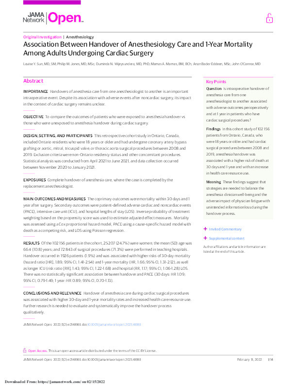 Association Between Handover of Anesthesiology Care and 1-Year Mortality Among Adults Undergoing Cardiac Surgery Thumbnail