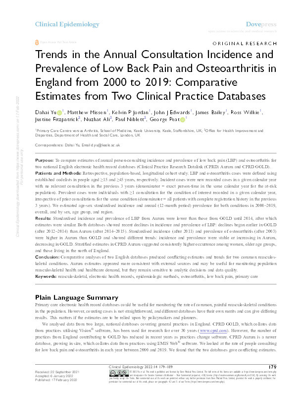 Trends in the Annual Consultation Incidence and Prevalence of Low Back Pain and Osteoarthritis in England from 2000 to 2019: Comparative Estimates from Two Clinical Practice Databases Thumbnail