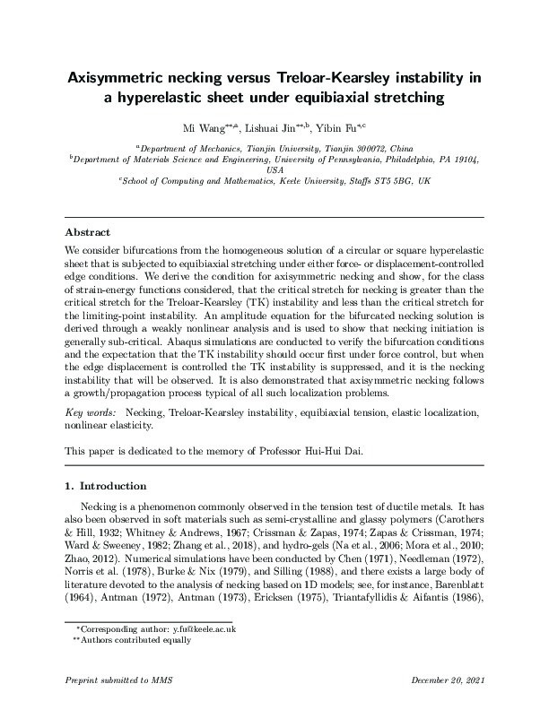 Axisymmetric necking versus Treloar–Kearsley instability in a hyperelastic sheet under equibiaxial stretching Thumbnail