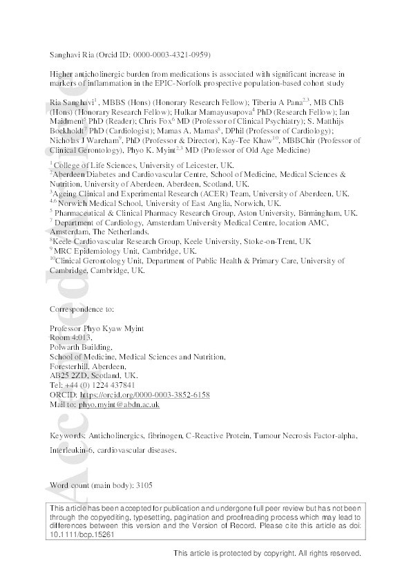 Higher anticholinergic burden from medications is associated with significant increase in markers of inflammation in the EPIC-Norfolk prospective population-based cohort study Thumbnail