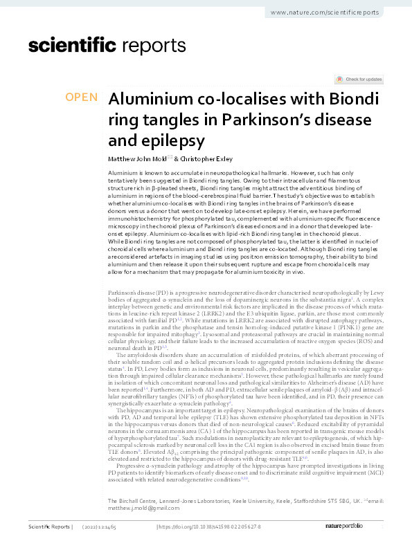 Aluminium co-localises with Biondi ring tangles in Parkinson’s disease and epilepsy Thumbnail