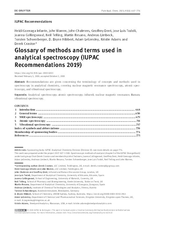 Glossary of methods and terms used in analytical spectroscopy (IUPAC Recommendations 2019) Thumbnail