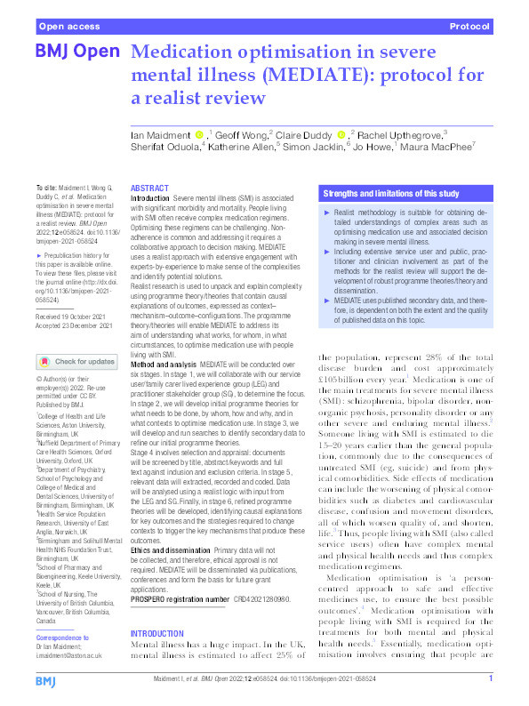 Medication optimisation in severe mental illness (MEDIATE): protocol for a realist review Thumbnail