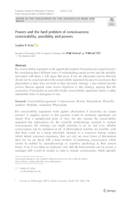 Powers and the Hard Problem of Consciousness: Conceivability, Possibility and Powers Thumbnail