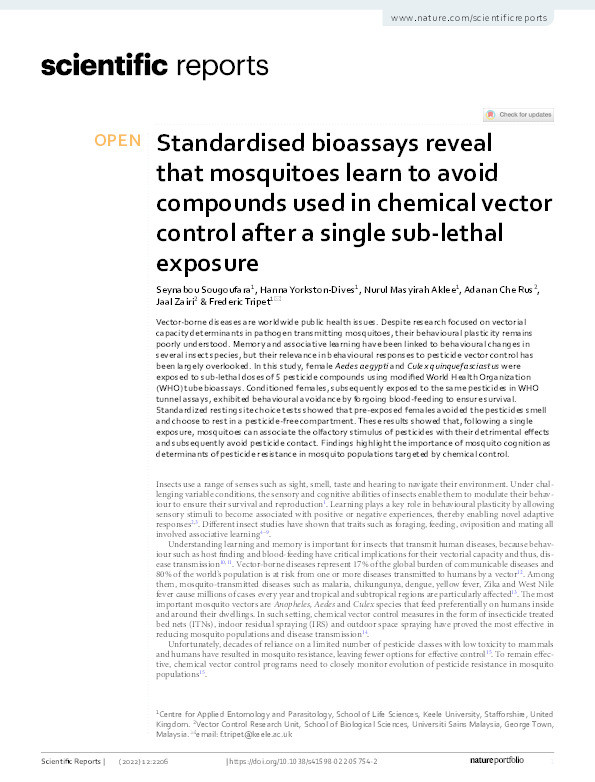 Standardised bioassays reveal that mosquitoes learn to avoid compounds used in chemical vector control after a single sub-lethal exposure. Thumbnail