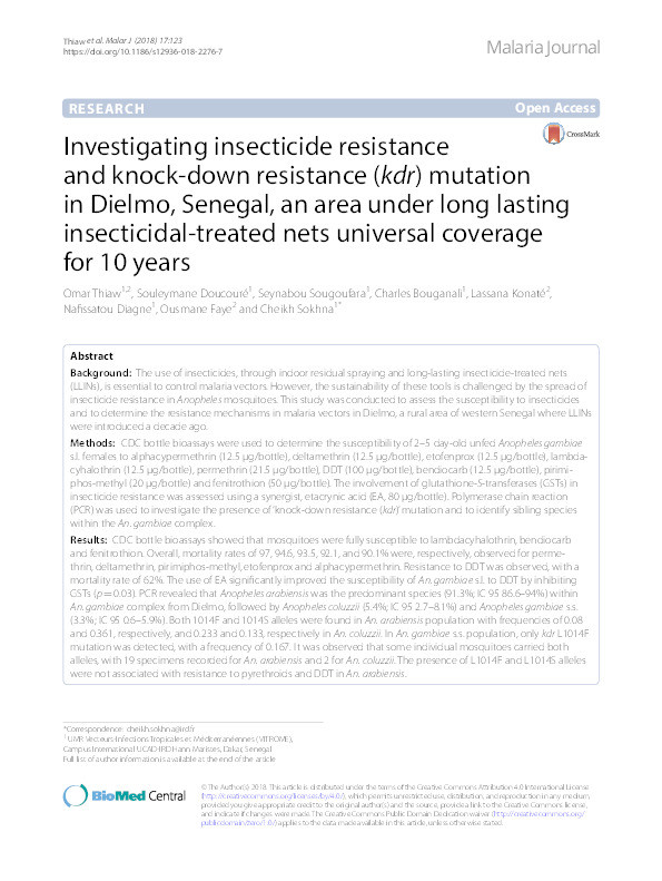 Investigating insecticide resistance and knock-down resistance (kdr) mutation in Dielmo, Senegal, an area under long lasting insecticidal-treated nets universal coverage for 10 years. Thumbnail
