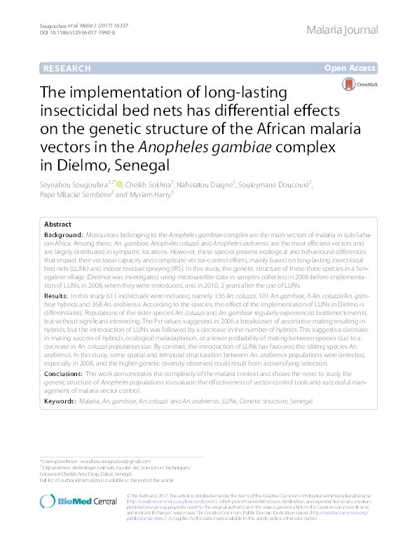 The implementation of long-lasting insecticidal bed nets has differential effects on the genetic structure of the African malaria vectors in the Anopheles gambiae complex in Dielmo, Senegal. Thumbnail